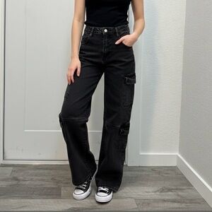 Windsor Denim Black Wide-Leg Cargo Jeans Size 7 High-waisted Utility Streetwear